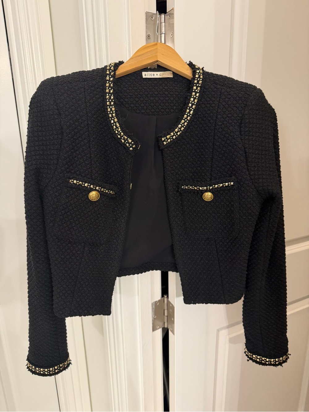 Alice + Olivia Black Tweed Cropped Blazer with Gold Trim